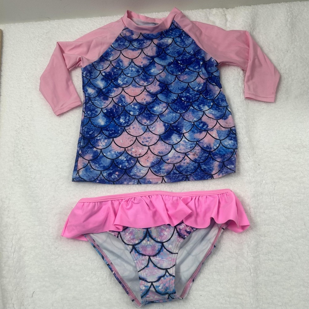 Rash Guard Swim Set Girls Large Pink Blue Mermaid Scale Ruffle Bikini Bottoms